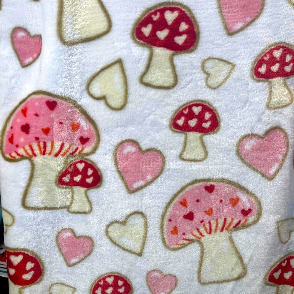 Rachel Roy pink and red mushrooms with hearts blanket Valentines Day